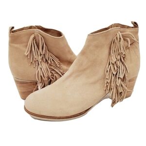 NEW MATISSE CLOEY SUEDE LEATHER FRINGE DETAILED SIDE ZIP ANKLE BOOTS BEIGE